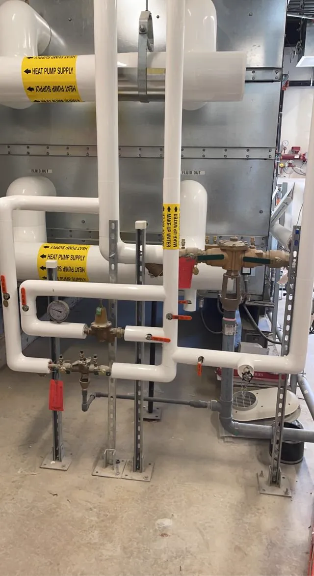 Commercial heat pump supply piping and backflow preventer installed by Panacci Plumbing